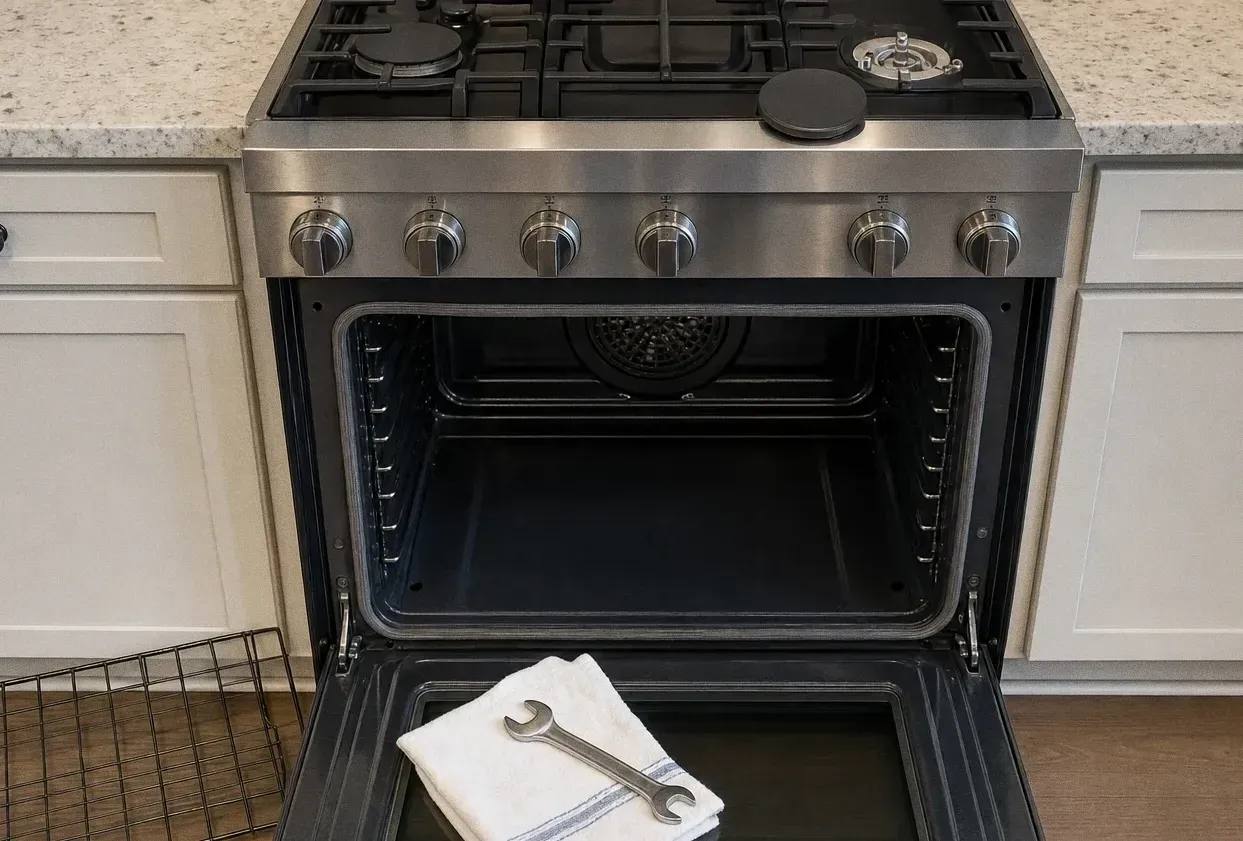 A stainless range with the oven door open on an empty cavity and convection cover, a rack and a wrench on a folded towel on the floor