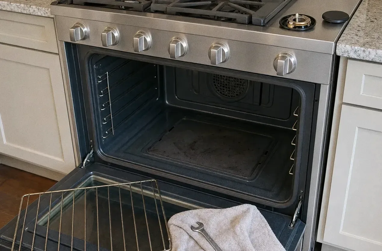 An oven with the door open and the inner door glass panel lifted out and leaning against the cavity, a wrench on a folded towel