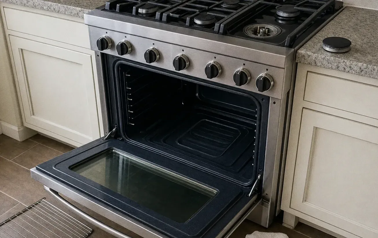 A stainless range in white cabinets with the oven door lowered flat, showing the door glass and the cooktop grates above